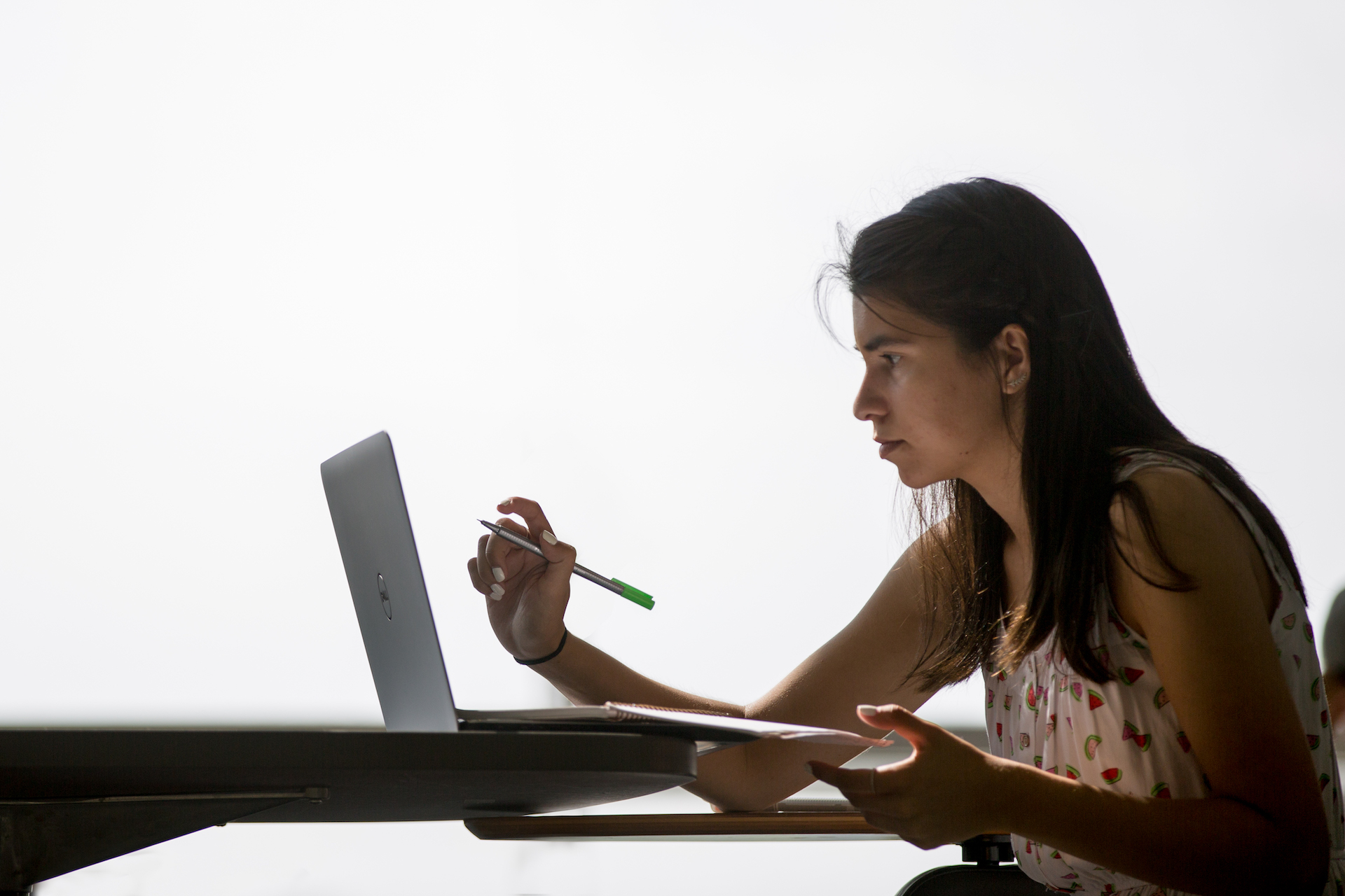 Women with brown hair looking at computer screen